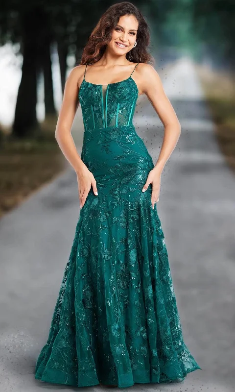 floral prom dressesJovani 38004 - Illusion V-Neck Embroidered Prom Gown