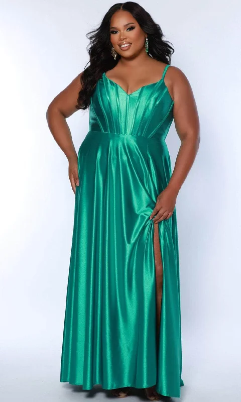 prom dresses for apple shapesSydney's Closet SC7380 - V-Neck Satin Prom Dress