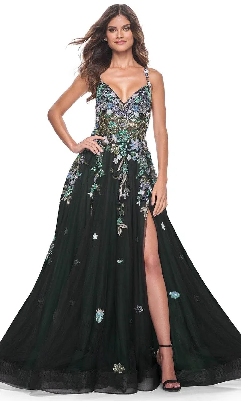 animal print prom dressesLa Femme 32023 - V-Neck Sequin Lace Prom Gown