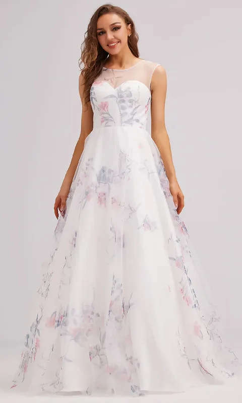 spaghetti strap prom dressesJ'Adore Dresses J23022 - Floral Printed A-Line Prom Gown