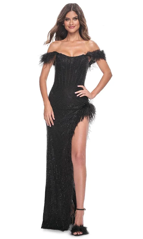 off-shoulder prom dressesLa Femme 32151 - Scoop Feather Trim Prom Gown