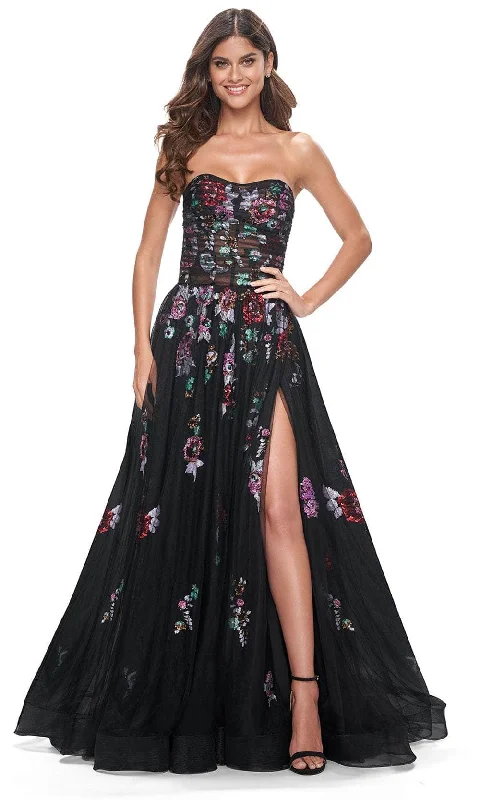 dark prom dressesLa Femme 32072 - Illusion Bodice Floral Sequin Prom Gown