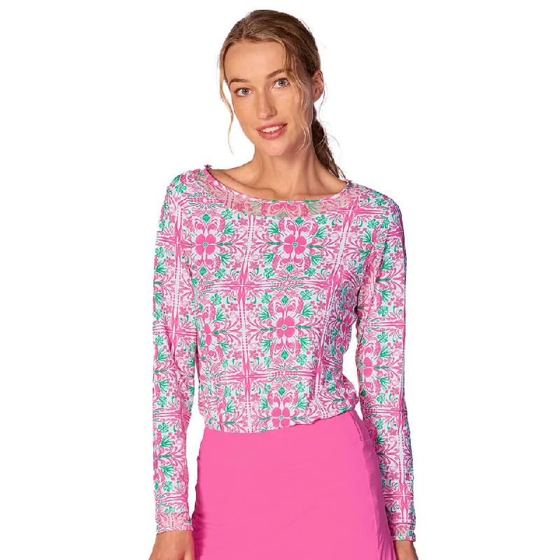 G Lifestyle Tile Mesh Insert Sleeve Top - Pink