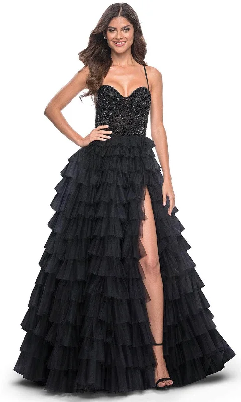 beaded prom dressesLa Femme 32002 - Tiered Ruffle A-Line Prom Gown