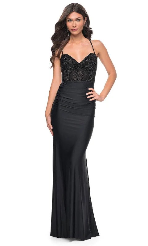 prom dresses for fallLa Femme 32260 - Lace-Up Back Ruched Prom Gown