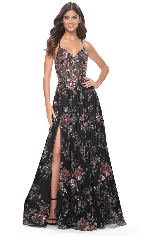 mini prom dressesLa Femme 32031 - Tie Back Floral Prom Gown