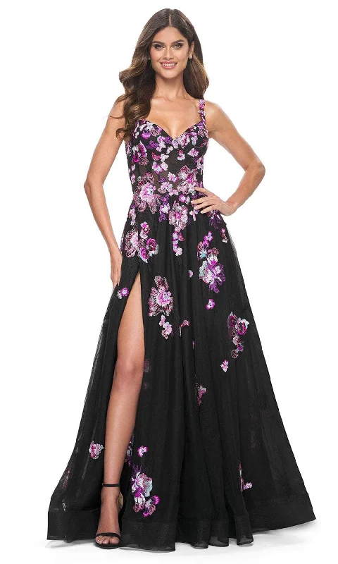 prom dresses with lace appliquésLa Femme 32030 - Floral Sequin Sleeveless Prom Gown