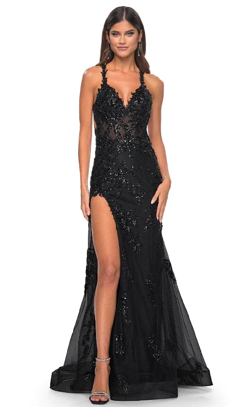 flutter sleeve prom dressesLa Femme 32107 - Sequin Appliqued Sheath Prom Gown