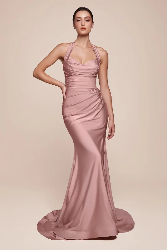 maxi dresses for warm weatherSatin Fitted Long Halter Slit Dress by Ladivine CD796