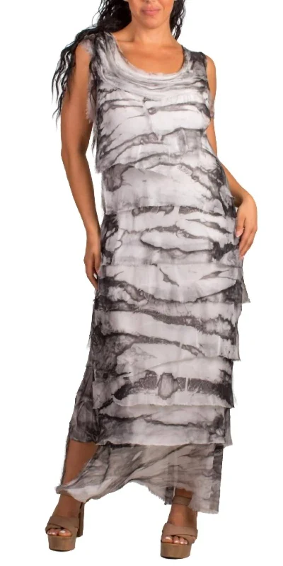 Sleeveless Dress With RufflesWashed Tie Dye Print Sleeveless Silk Ruffle Dress In Charcoal