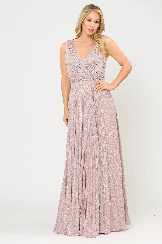 maxi dresses with low necklinesLong A-line Ruched Metallic Glitter Dress by Poly USA 8600