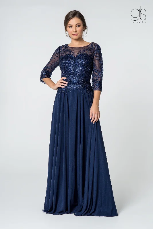 maxi dresses with low necklinesLong Embroidered Bodice Dress with 3/4 Sleeves by Elizabeth K GL2810