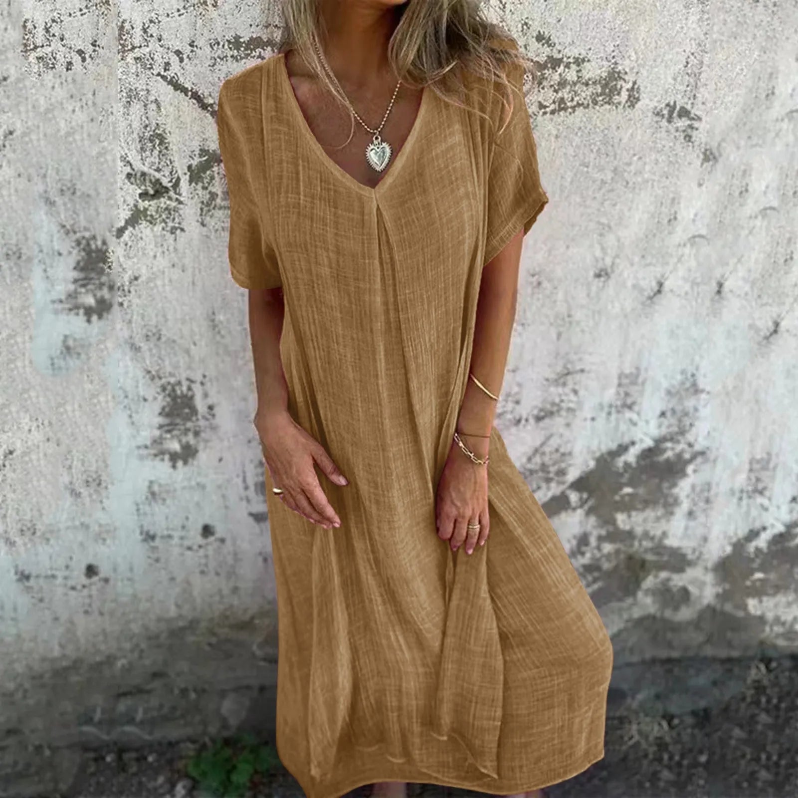 maxi dresses for all seasons and occasionsJuliaFashion - Women's Summer Cotton Linen Short Sleeve Loose Simple Solid Color Long Pullover Casual Loose T-Shirt Dress