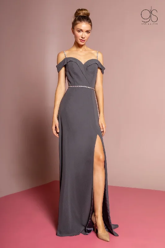 maxi dresses with removable beltsLong Cold Shoulder Dress with Side Slit by Elizabeth K GL2665