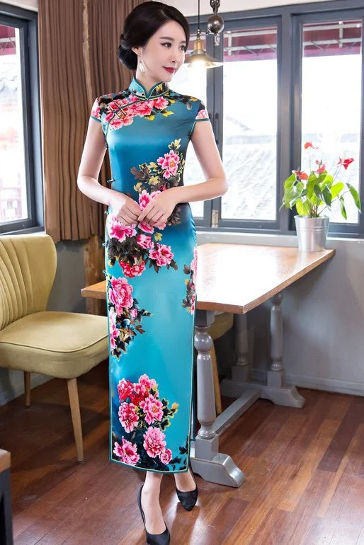 maxi dresses for tall womenFloral Print Long Qipao Dress