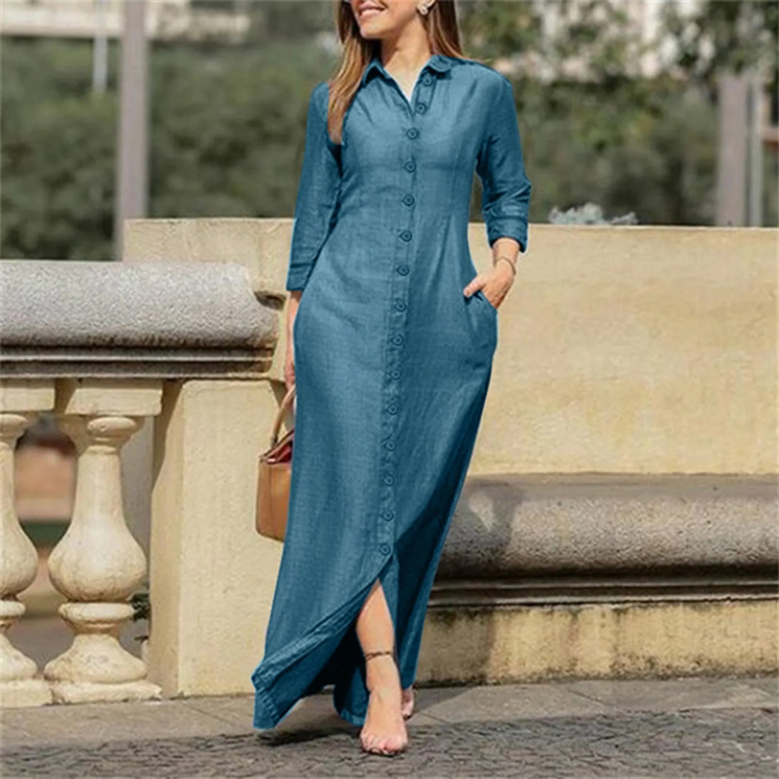 maxi dresses under $100JuliaFashion - Ladies Denim Solid Color 2024 Summer New Shirt Collar Button Long Denim Mom Skirt Women Elegant Casual Wear Dress