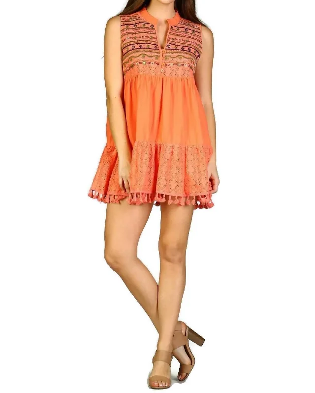 Sleeveless Dress With Spaghetti StrapsLace & Fringe Embroidered Sleeveless Dress In Coral