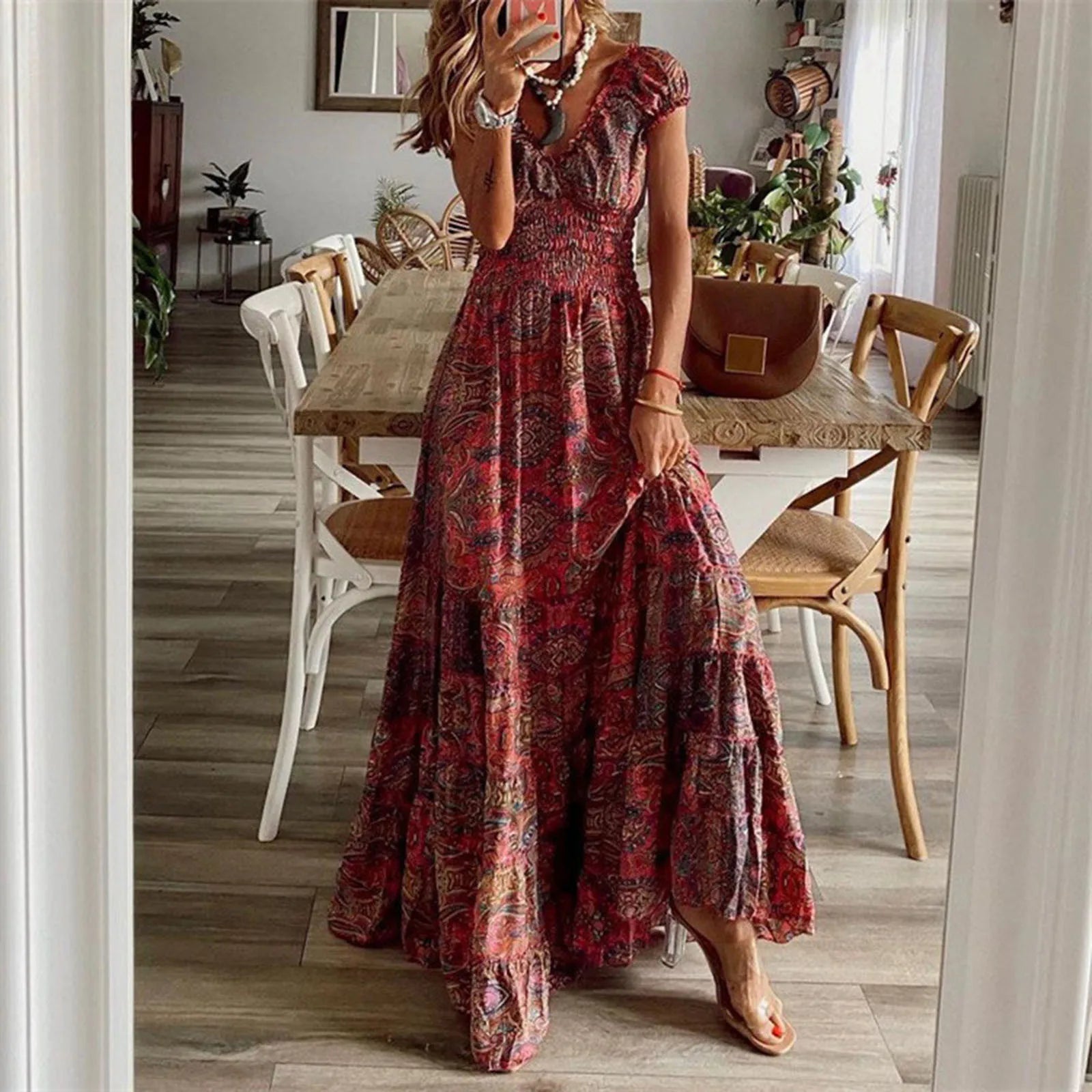 maxi dresses for travelJuliaFashion - Vintage Bohemian Gypsy Causal V Neck Straps Boho Style Short Sleeve Long Beach Vestidos Dress