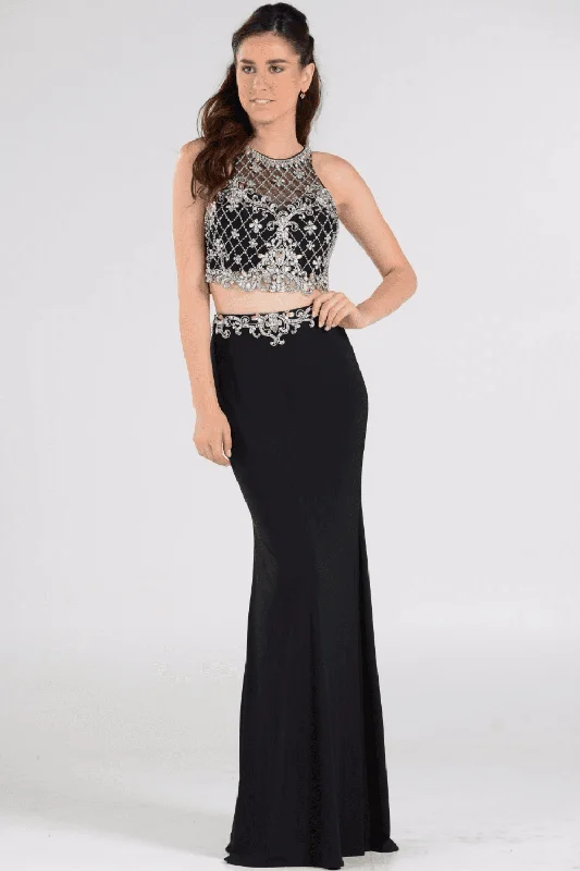 maxi dresses with pockets and sleevesLong Two-Piece Dress with Beaded Crop Top by Poly USA 7926