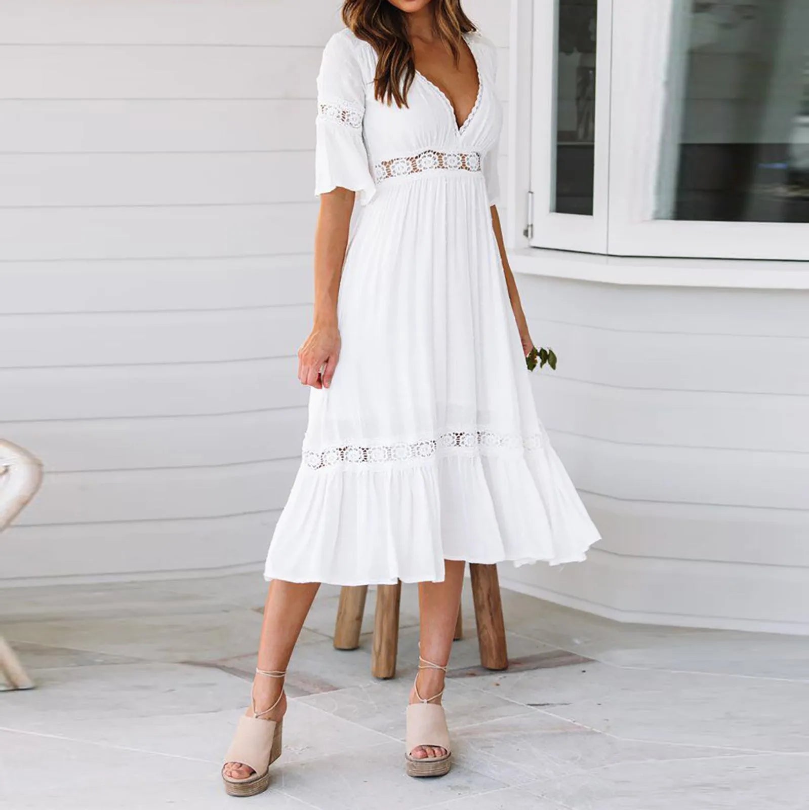 maxi dresses with pocketsJuliaFashion - Summer White Long Women Boho Hollow Out A Line Ruffles Short Sleeve V-Neck Loose Fashion Casual Elegant Woman Dress