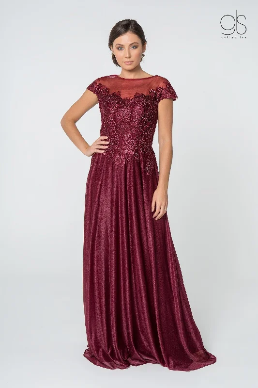 maxi dresses with lace-up detailsLong Lace Bodice Dress with Cap Sleeves by Elizabeth K GL2828