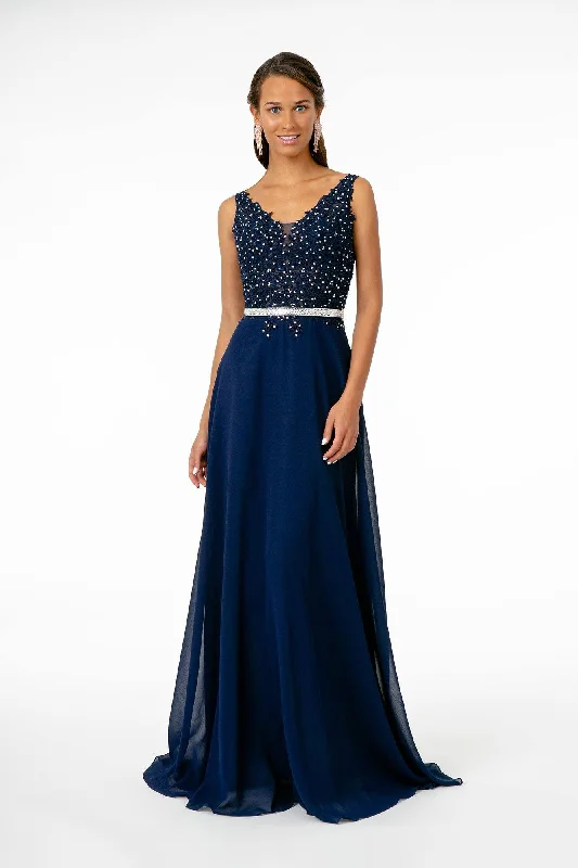 satin maxi dressesLong Illusion V-Neck Dress with Embroidered Top by Elizabeth K GL2653