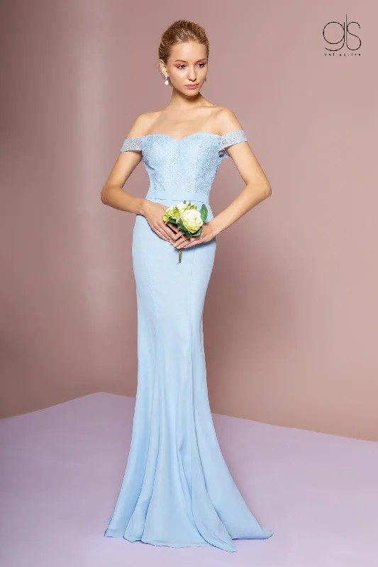 maxi dresses with rufflesLong Off the Shoulder Dress with Lace Bodice by Elizabeth K GL2697