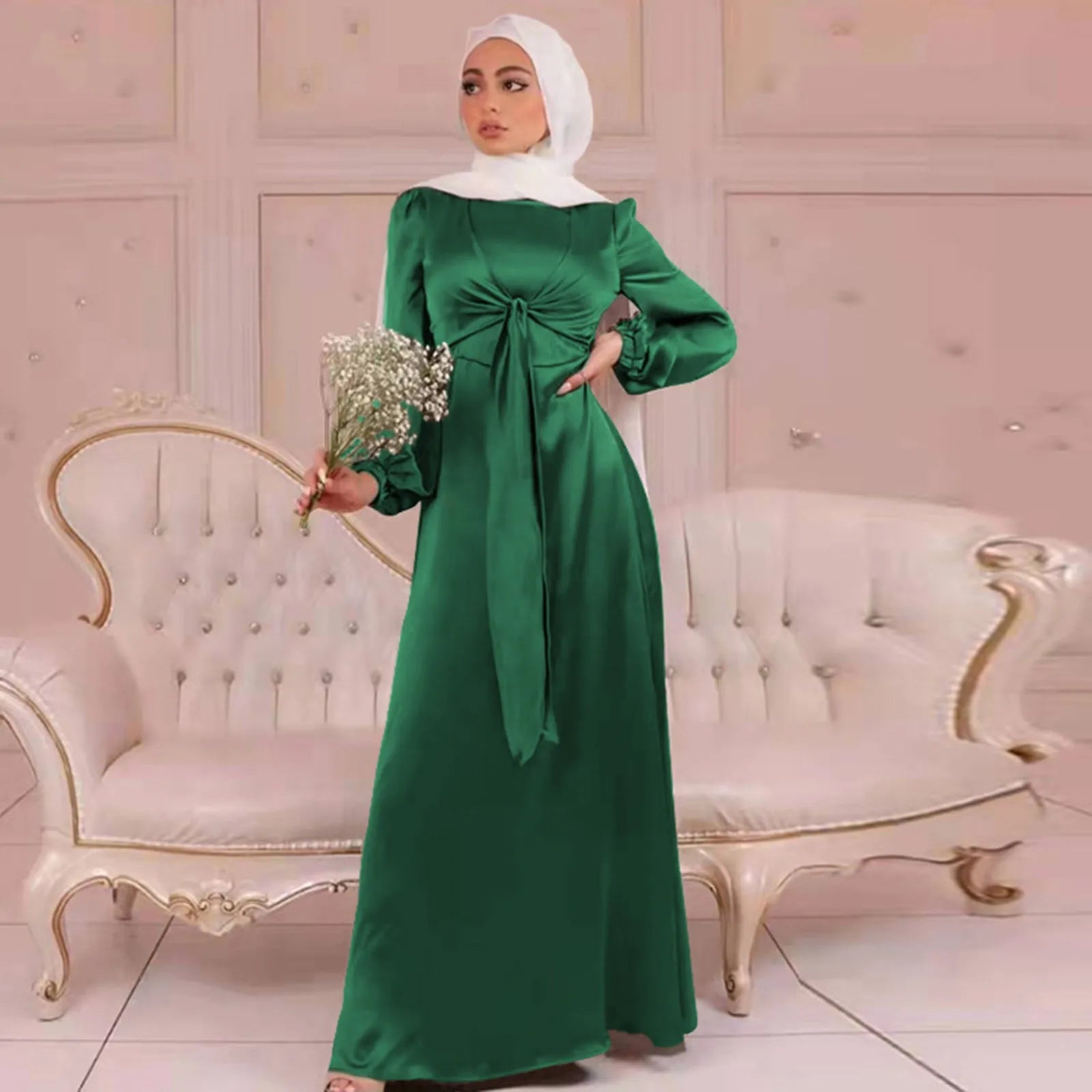 maxi dresses for yoga and meditationJuliaFashion - Muslim Long Women Elegant Wrap Satin Abaya Front Belted Hijab Modest Dubai Turkey Islam Kaftan Robe Ramadan Dress