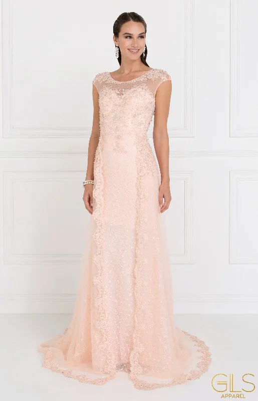 maxi dresses for bridesmaidsEmbroidered Long Blush Cap Sleeve Lace Dress by Elizabeth K GL1539