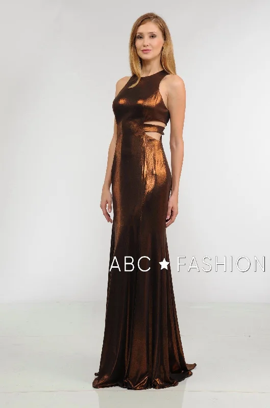 maxi dresses for date nightsLong Metallic Foil Dress with Side Cutouts by Poly USA 8270