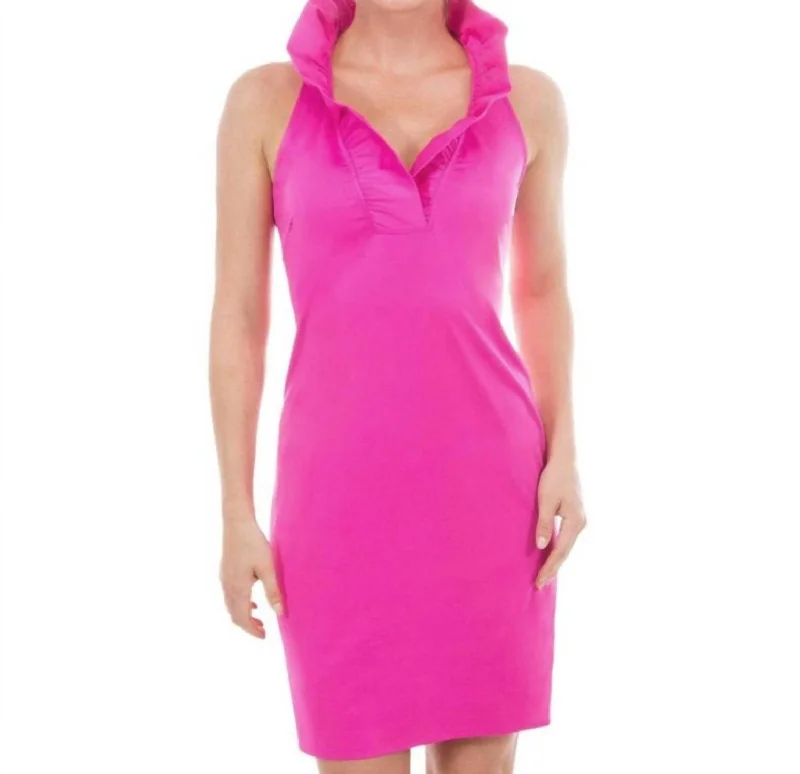 Sleeveless Dress In SatinRuffle Neck Solid Jersey Sleeveless Dress In Hot Pink