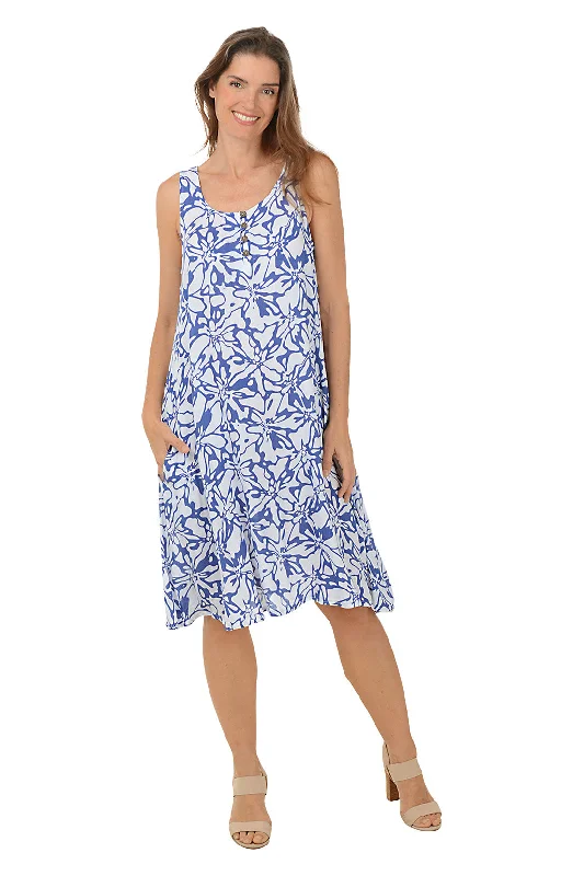 Sleeveless Dress In CrepeHibiscus Swirl Button-Neck Sleeveless Dress