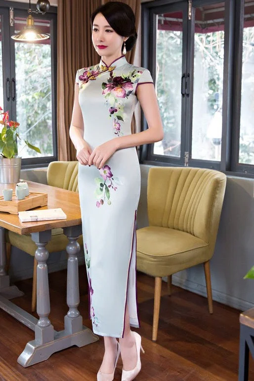 satin maxi dressesFloral Print Long Qipao Dress