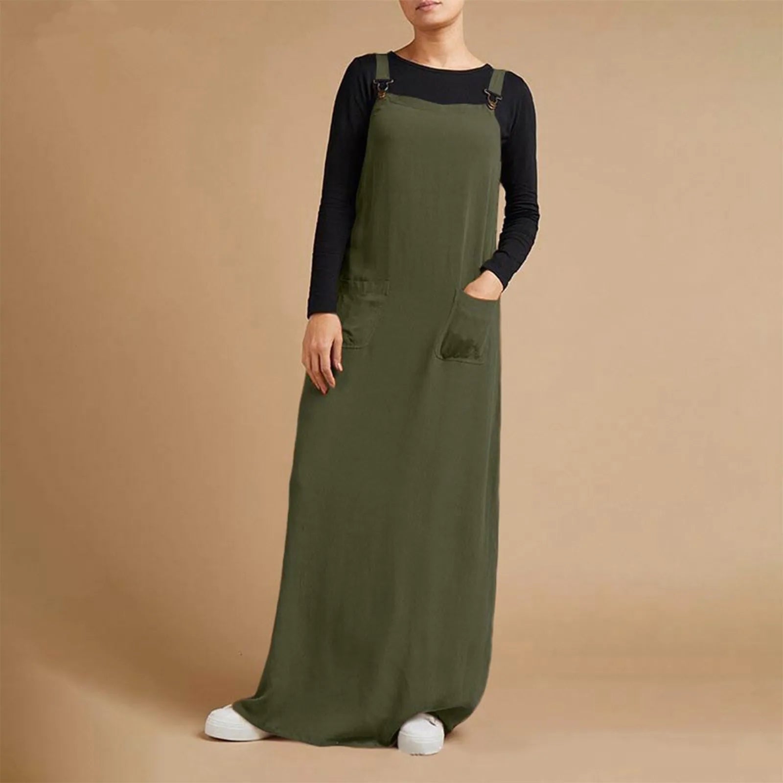 affordable maxi dressesJuliaFashion - Women's Sleeveless SunVintage Suspenders Casual Loose Solid Overalls Long Summer Square Neck Buckle Robe Dress