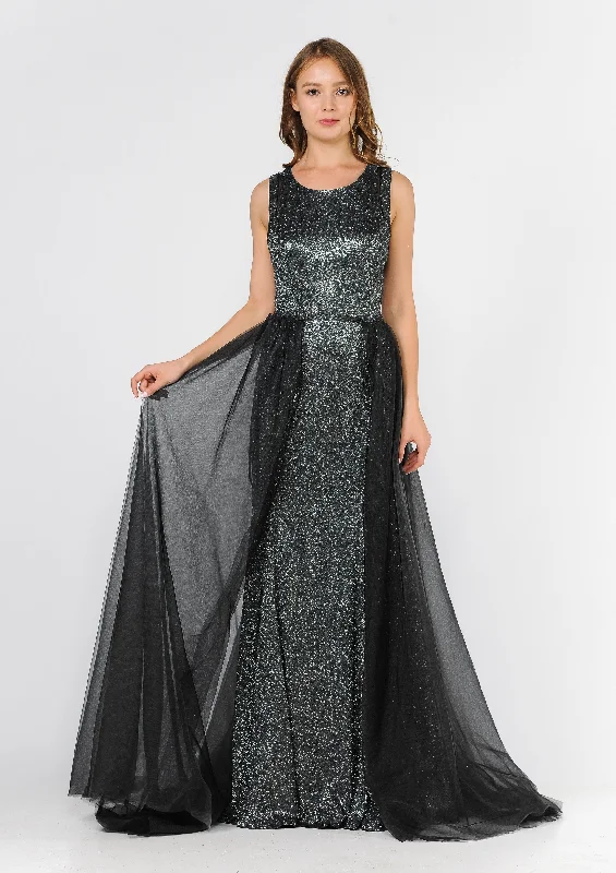 maxi dresses with lace overlaysLong Metallic Glitter Dress with Open Back Cut Outs by Poly USA 8342