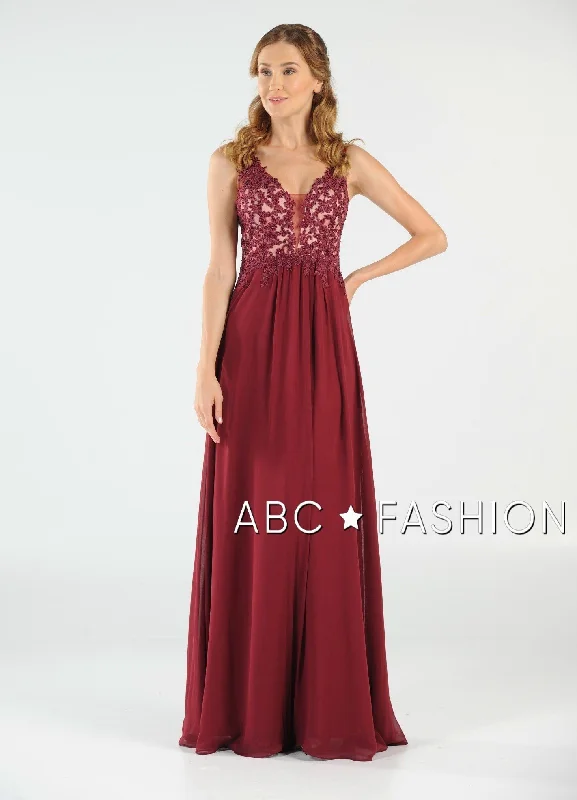 maxi dresses for everyday wearLong V-Neck Chiffon Dress with Lace Appliques by Poly USA 8012