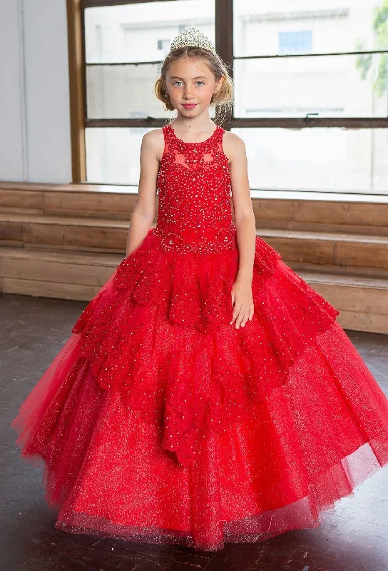 maxi dresses with rufflesGirls Long Beaded Lace Tiered Dress by Calla KY224