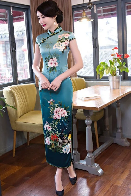 maxi dresses for plus sizeFloral Print Long Qipao Dress