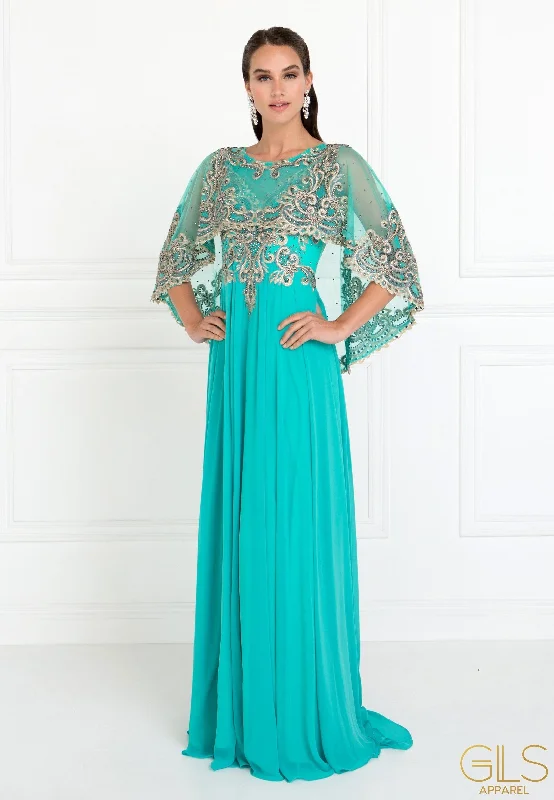 maxi dresses for mother of the groomLong Embroidered Cape Dress by Elizabeth K GL1527