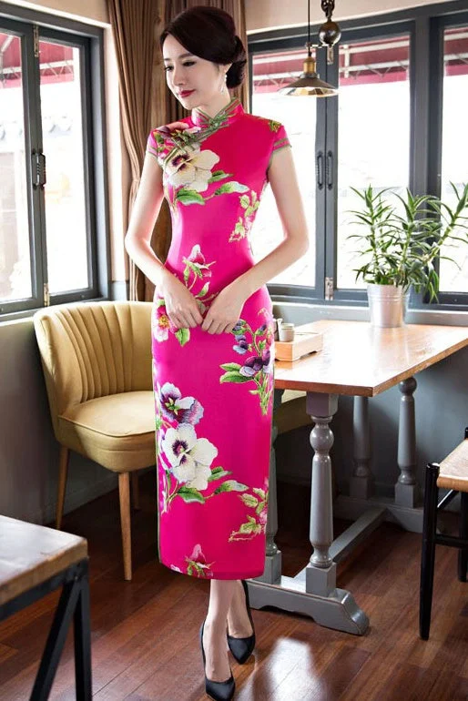 velvet maxi dressesFloral Print Long Qipao Dress