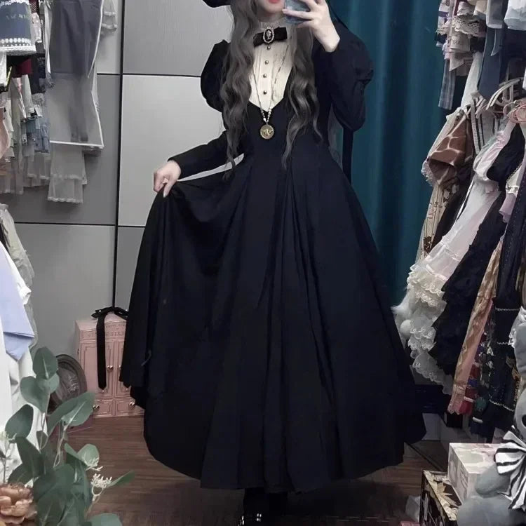 maxi dresses for beachNew Gothic Punk Dark Lolita Vintage Black Long Bubble Sleeve Waist Cinched Autumn Winter Dress