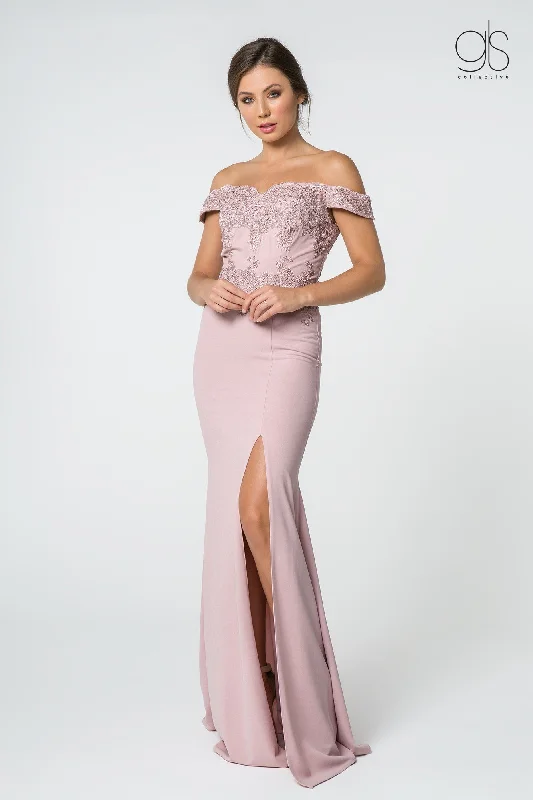 maxi dresses for outdoor weddingsEmbroidered Long Off Shoulder Dress with Slit by Elizabeth K GL2708