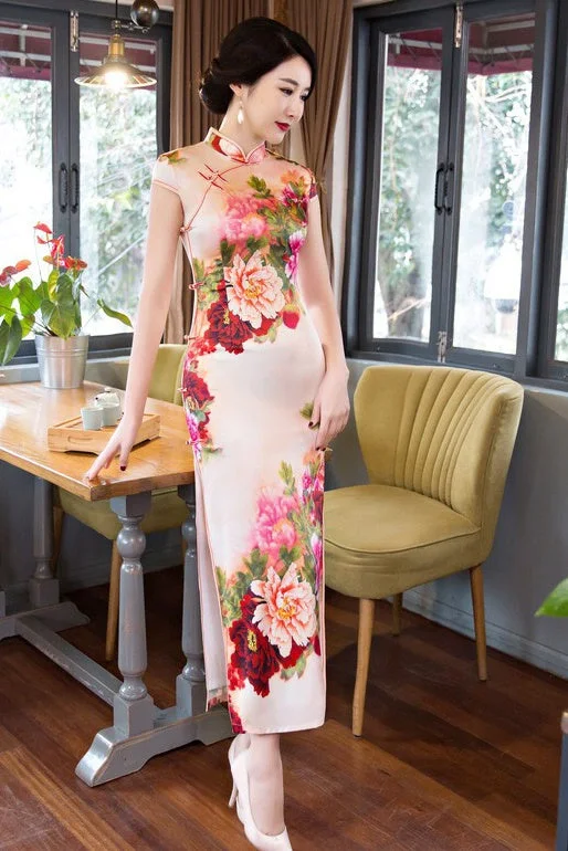 silk maxi dressesFloral Print Long Qipao Dress