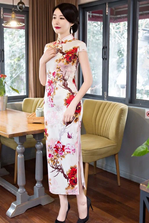 lace maxi dressesFloral Print Long Qipao Dress