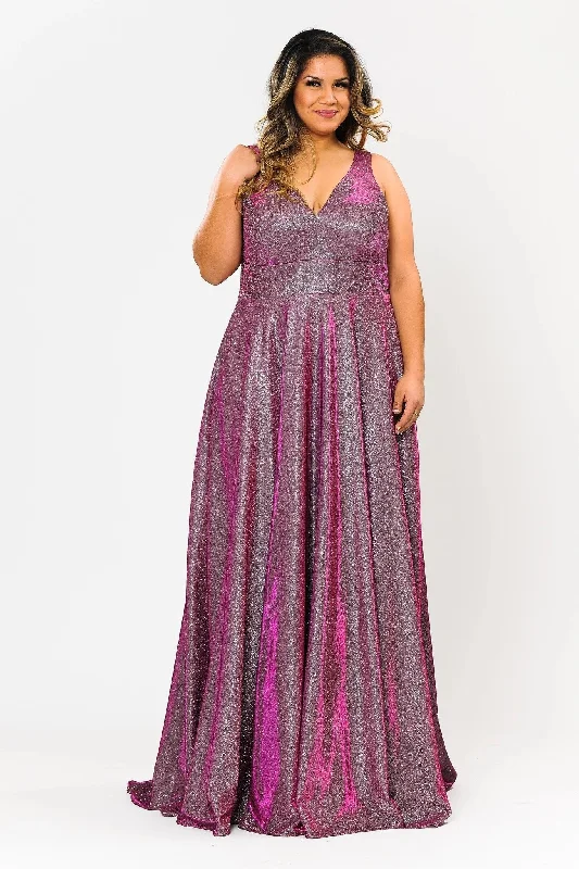 maxi dresses for mother of the bridePlus Size Long Metallic Glitter V-Neck Dress by Poly USA W1036