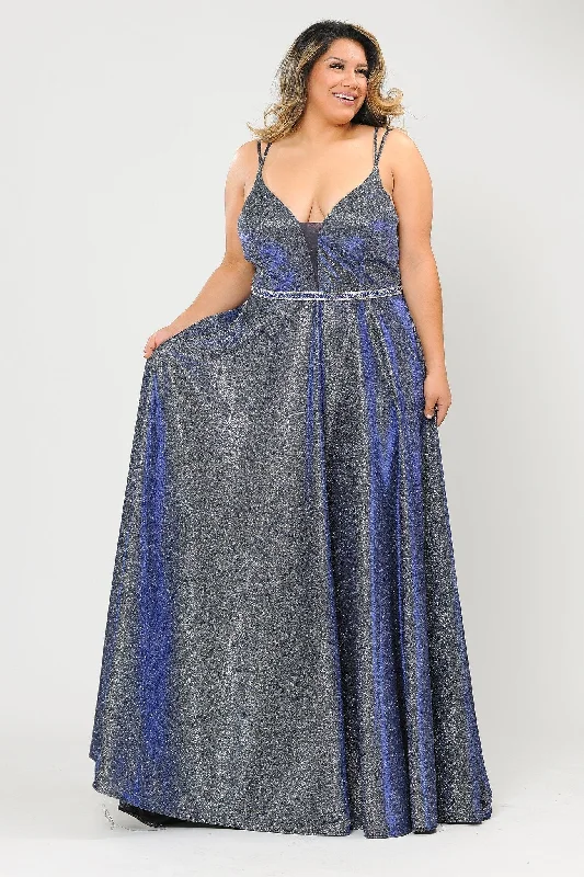 maxi dresses for everyday wearPlus Size Long V-Neck Metallic Glitter Dress by Poly USA W1048