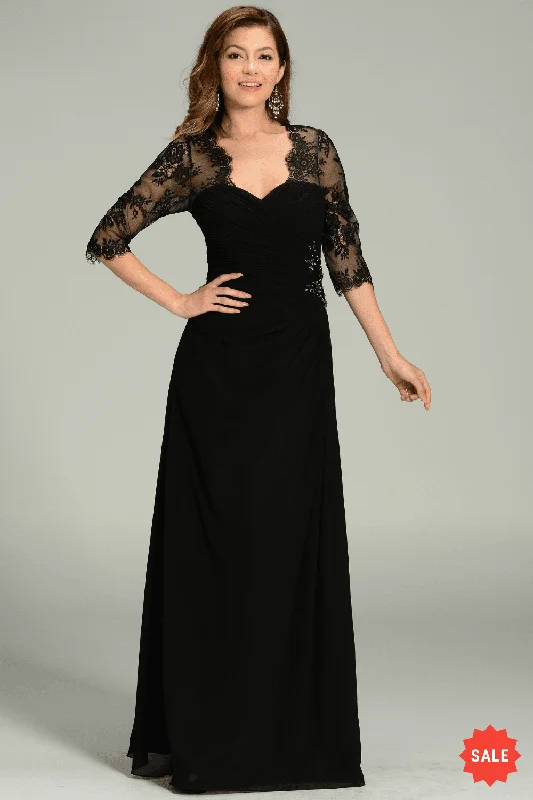 elegant maxi dressesLong Chiffon Dress with Lace Sleeves by Poly USA 7210