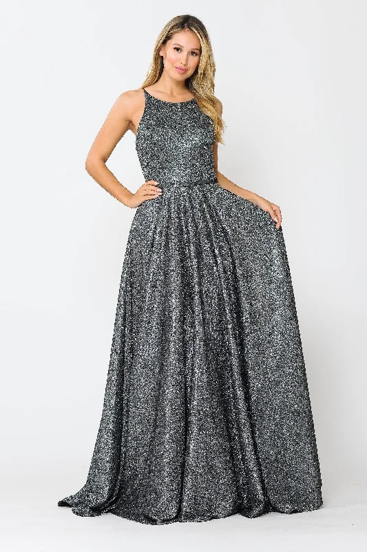 maxi dresses with built-in brasLong A-line Glitter Dress with Corset Back by Poly USA 8436