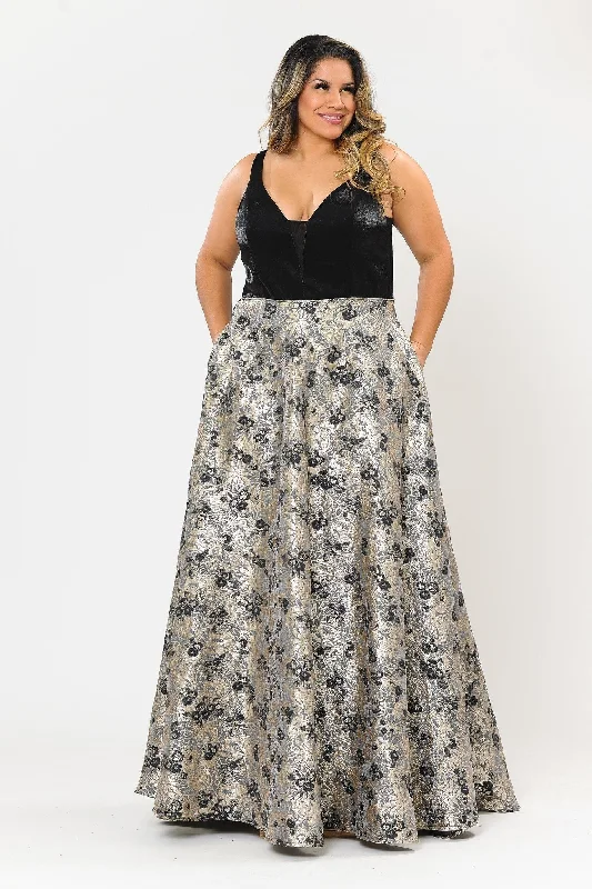 maxi dresses with buttonsPlus Size Long V-Neck Dress with Print Skirt by Poly USA W1012