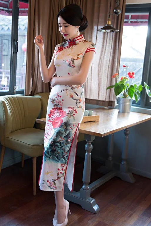 chiffon maxi dressesFloral Print Long Qipao Dress